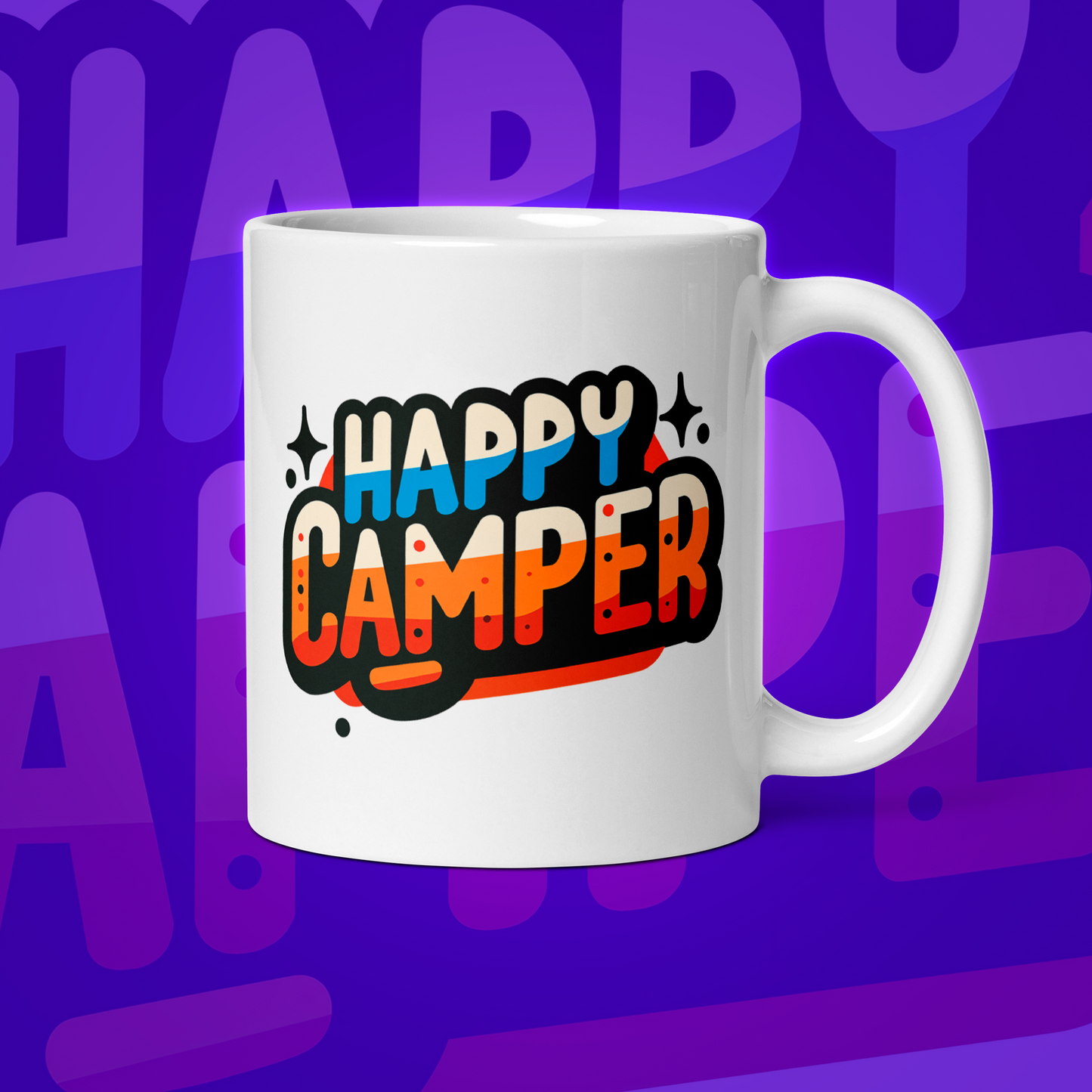 "Happy Camper" (Taza blanca brillante)☕️